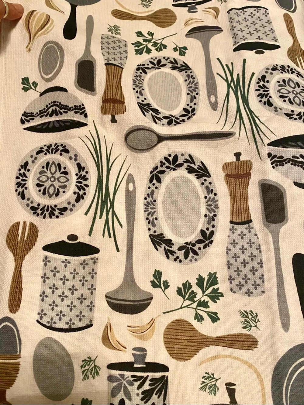 Kitchen Utensil Print Cotton Tea Towel - White/Black/Green Set of 2
